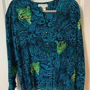 Escada long sleeve panther green blue blouse 40
